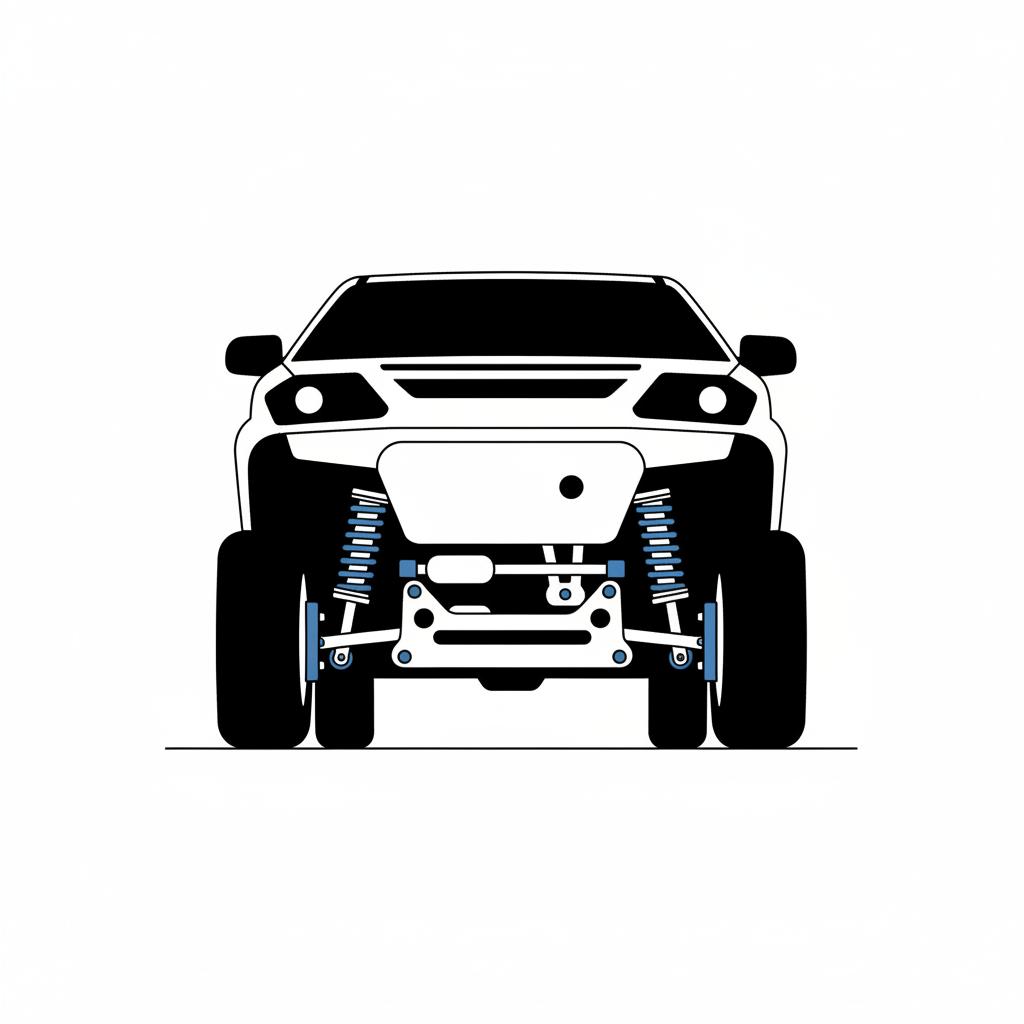 Minimalist 2D vector underbody close up of a used 4runner for sale showing skid plate and off road suspension components on white background with blue accents