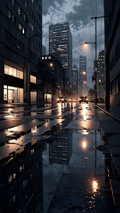 Rainy City Street with Reflections and Distant Headlights