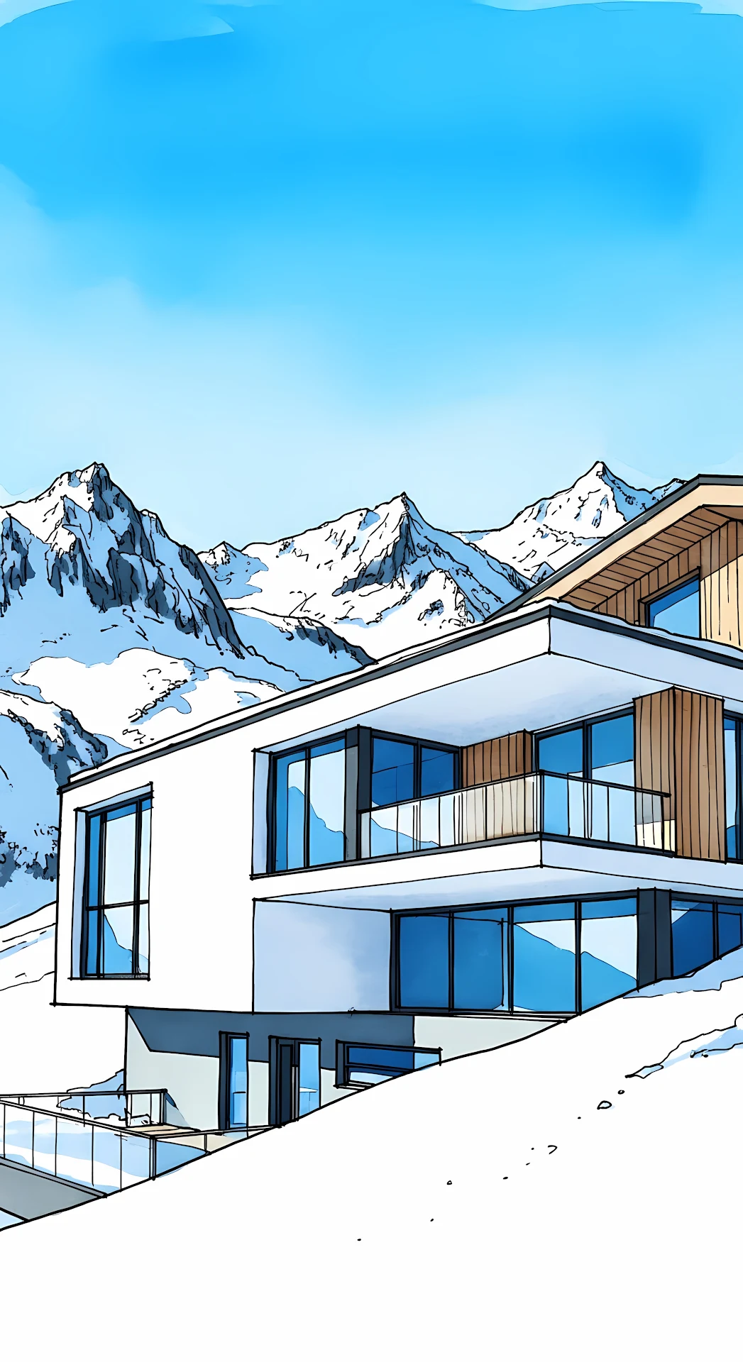 Modern Alpine Chalet with Snowy Mountain View Illustration - Free 4K mobile Wallpaper
