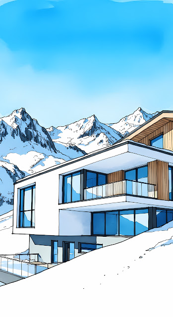 Modern Alpine Chalet with Snowy Mountain View Illustration - Free mobile Wallpaper