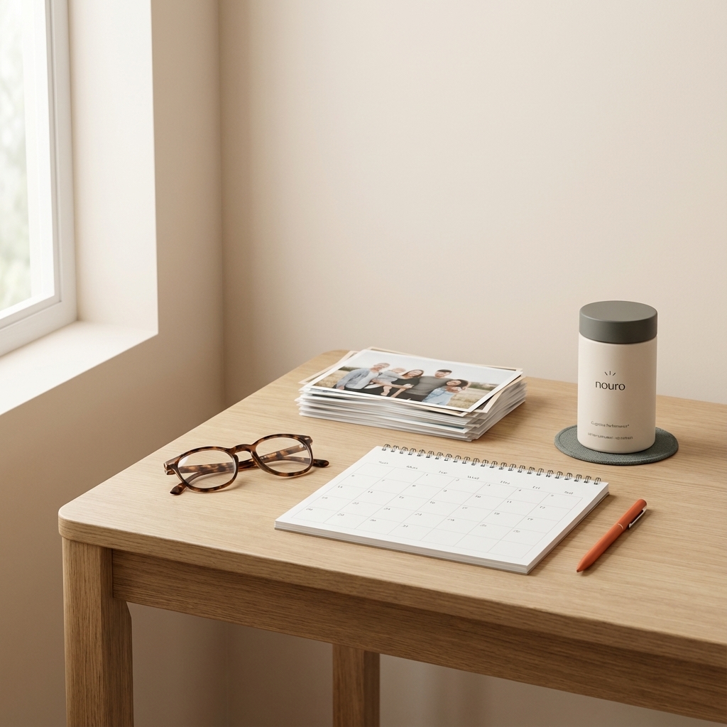 Living room table with calendar, family photographs, reading glasses and a Tonum Nouro bottle placed tactfully, illustrating memory cues and early signs of Alzheimer's in a calm home setting.