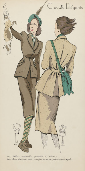 Croquis Elégants  Tailleur impeccable passepoilé de daim 1948