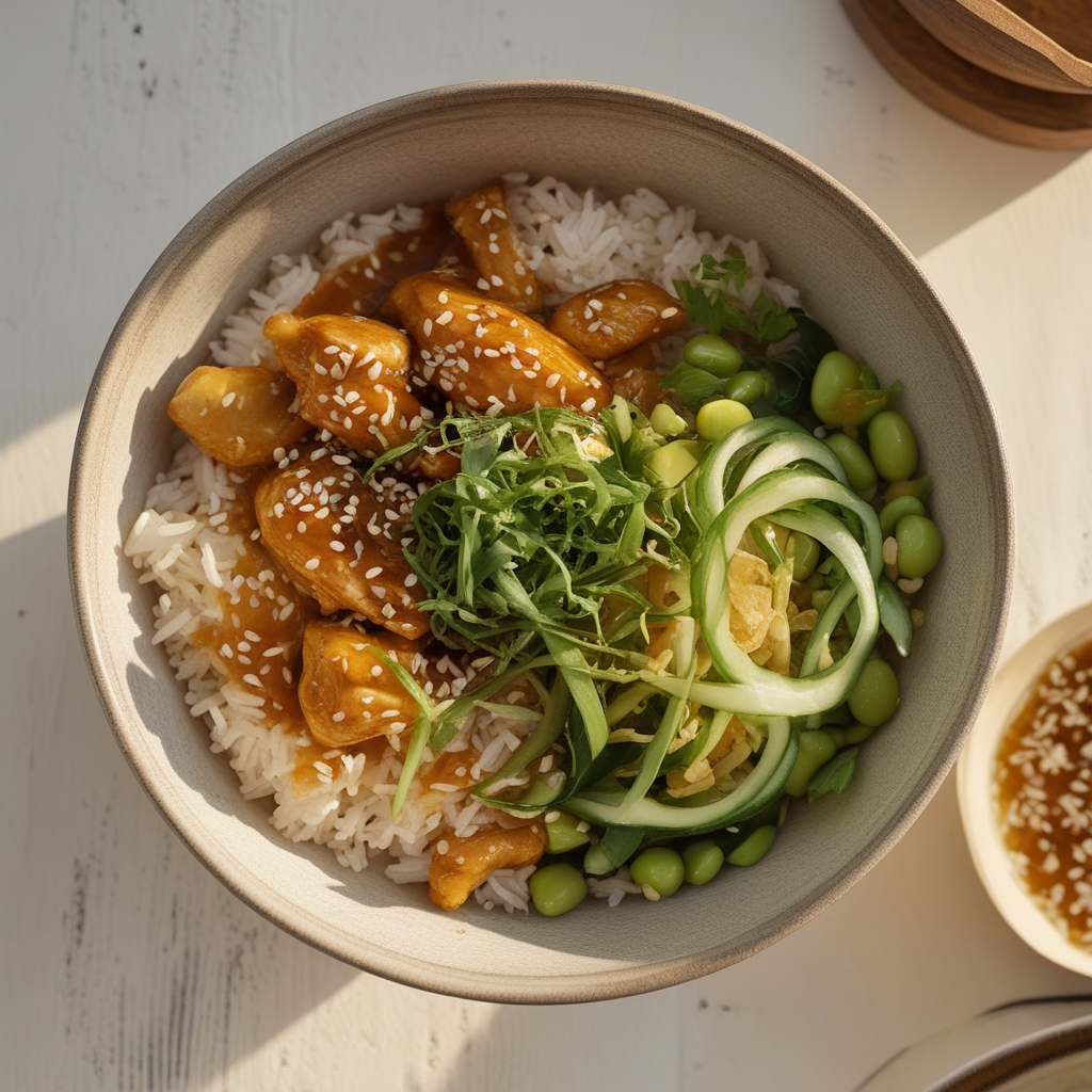 Miso Sesame Chicken & Crispy Rice Protein Power Bowl with Quick Ginger-Scallion Drizzle