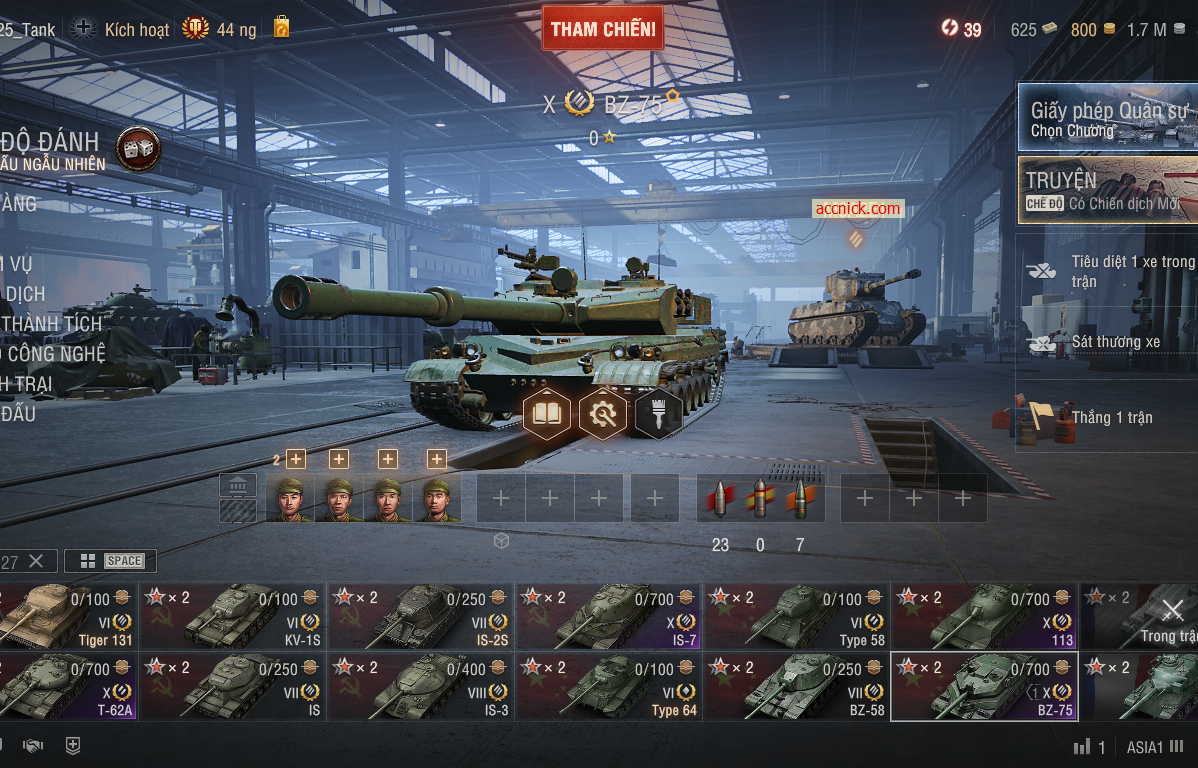 Acc World of Tanks PC gồm 6 tank X BZ-75, 113, IS-7, T-62A,...