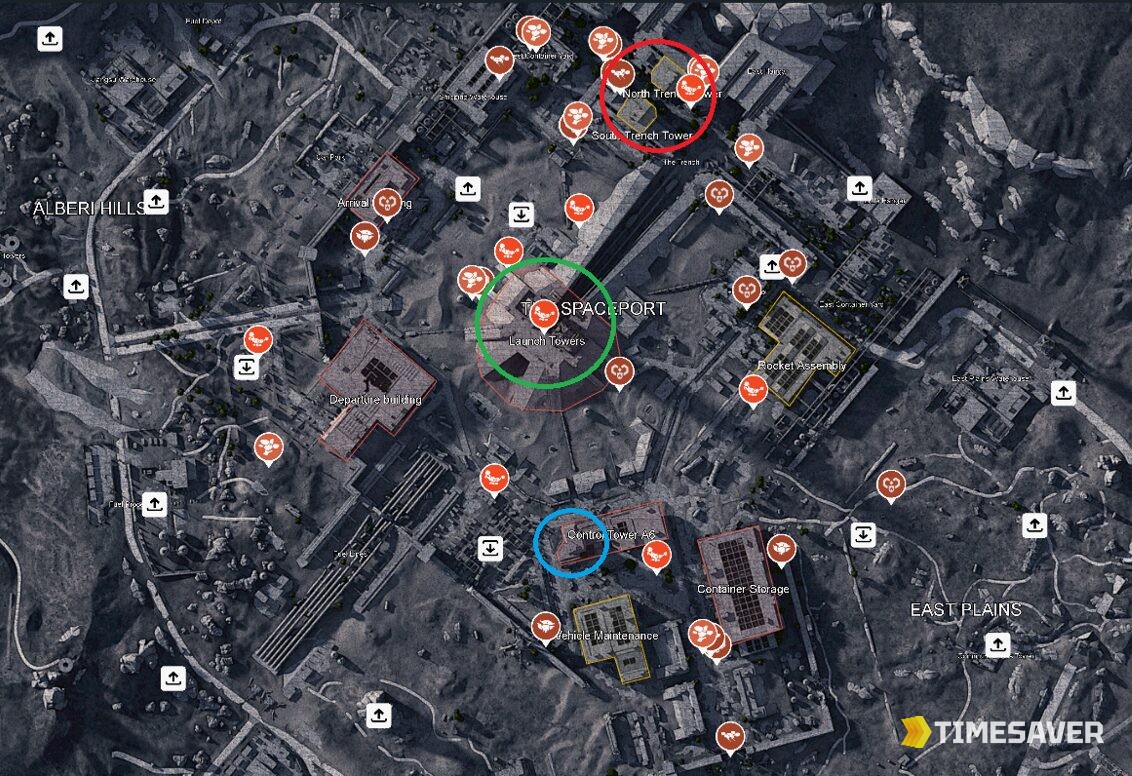 ARC Raiders Spaceport map with marked points of interest for the weekly trials loop