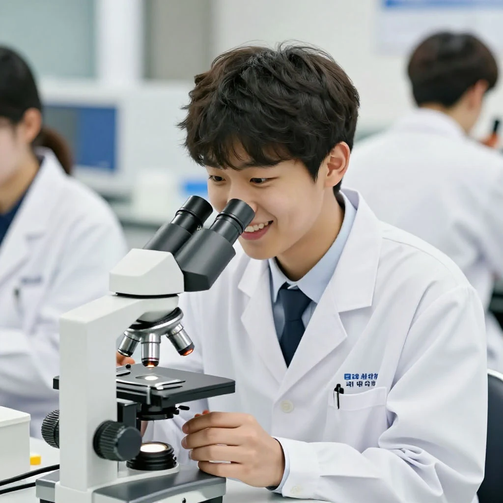 한국의 실험실에서 직업 체험 프로그램에 참여하며 현미경을 들여다보는 중학생