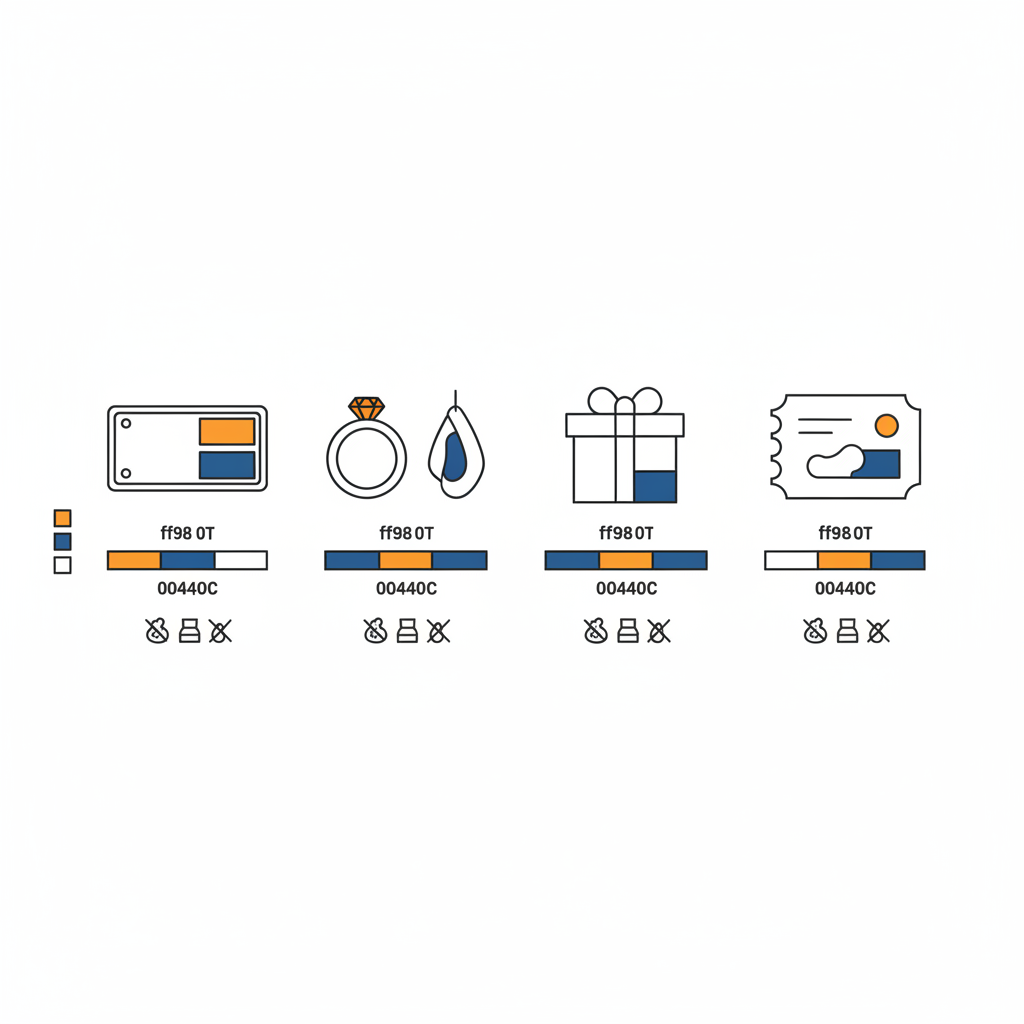 Minimalistische 2D-Vektor-Infografik zu geschenkideen zum 50. hochzeitstag mit vier Icons (Metalltafel, Schmuck, Box, Erlebnis), Budget-Balken und Pflege-Piktogrammen auf #FAFAFF