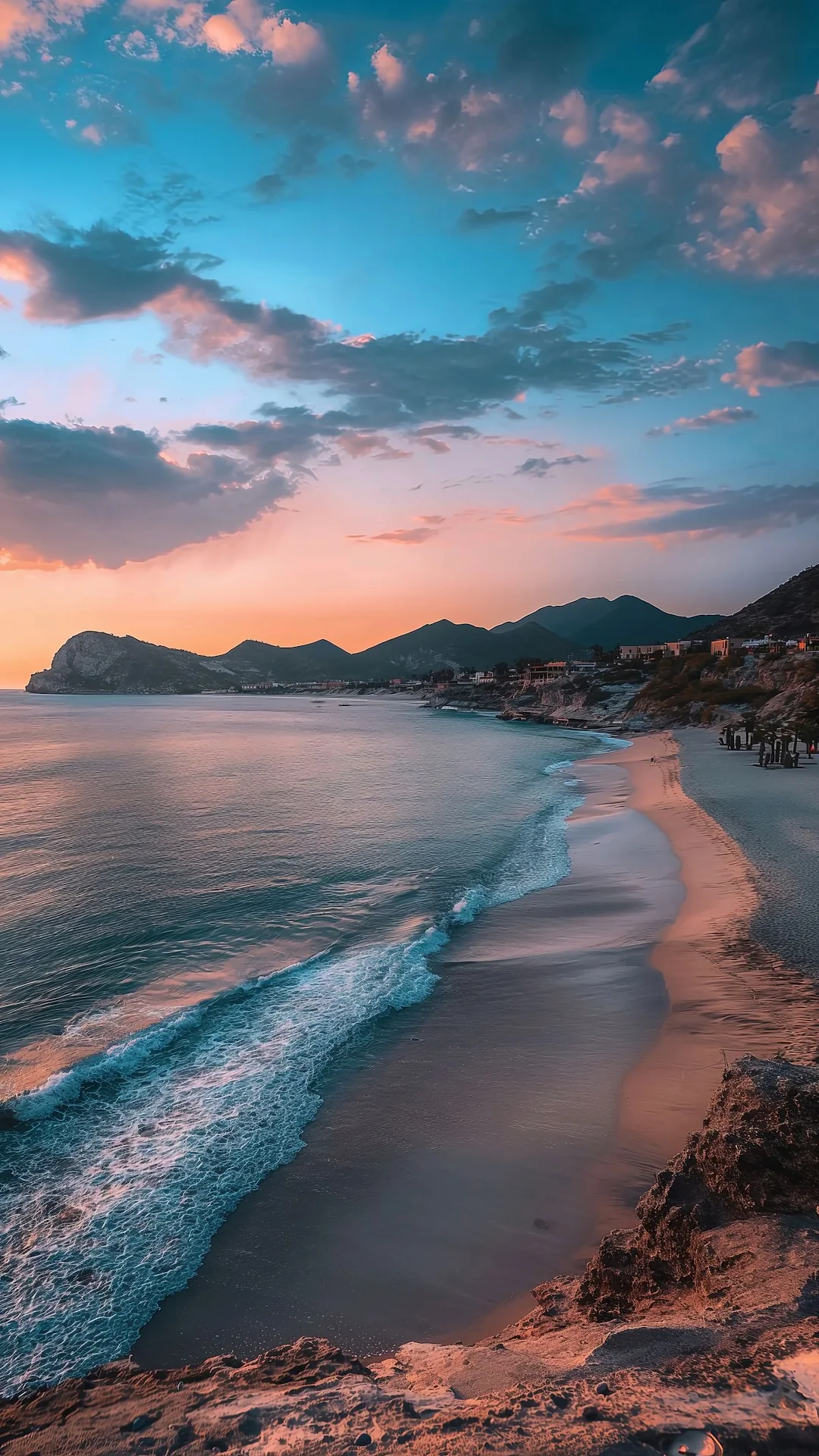 Coastal Sunset Beach View Over Turquoise Ocean Waves - Free 4K mobile Wallpaper