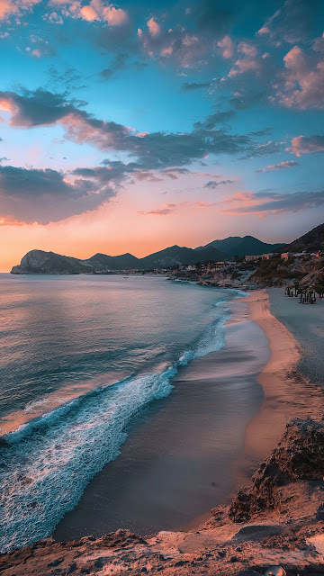 Coastal Sunset Beach View Over Turquoise Ocean Waves - Free mobile Wallpaper