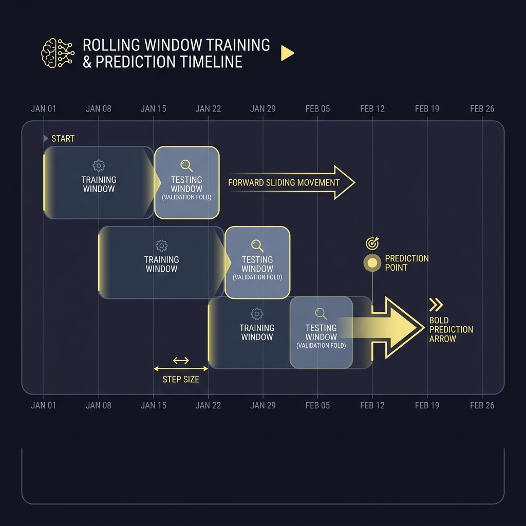 Diagram showing rolling window training and prediction timeline for Building a Simple Sports Prediction Model with labeled training and testing windows on a dark Funded Plays branded background