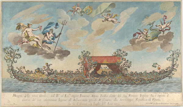 The highly ornamented third gondola of Francesco Antonio Berka entering Venice 1