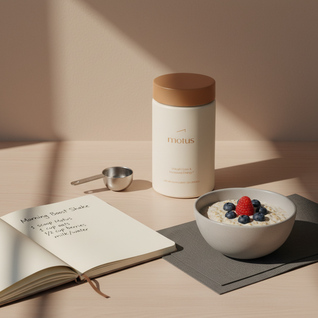 Tonum Motus container on a tidy kitchen countertop with measuring scoop, bowl of oats and berries, and open notebook recipe for protein shakes belly fat in soft daylight