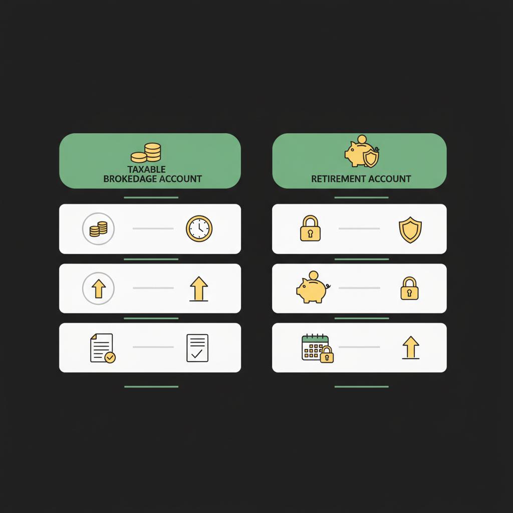 Minimalist 2D vector comparison of taxable brokerage accounts versus retirement accounts using Finance Police brand colors showing icons for liquidity access growth reporting and tax advantage how to start a brokerage account