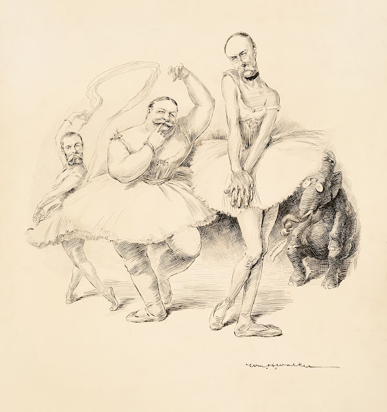 Three men in ballerina costumes including William Howard Taft dance for the Repu