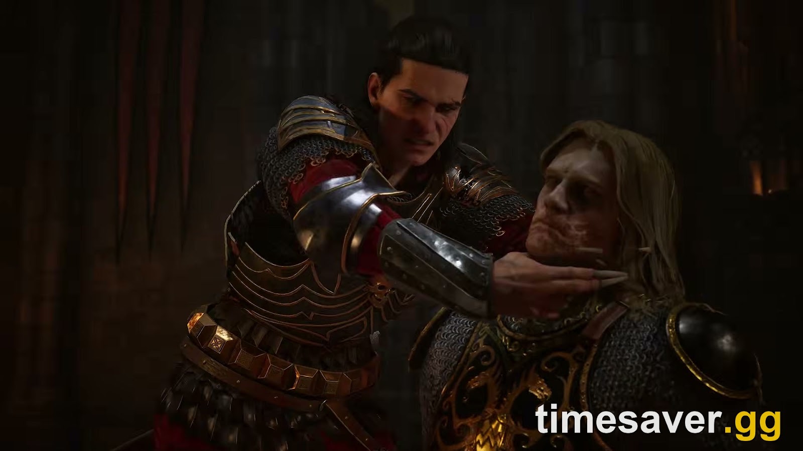 The Blood of Dawnwalker — an armored Coen grabs a scarred blonde vampire by the throat in a firelit hall, a tense confrontation from the dark story critics praised