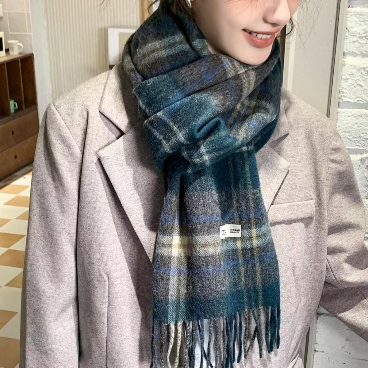 Wool Scarf, 100% Wool, Checkered, 30x180 cm