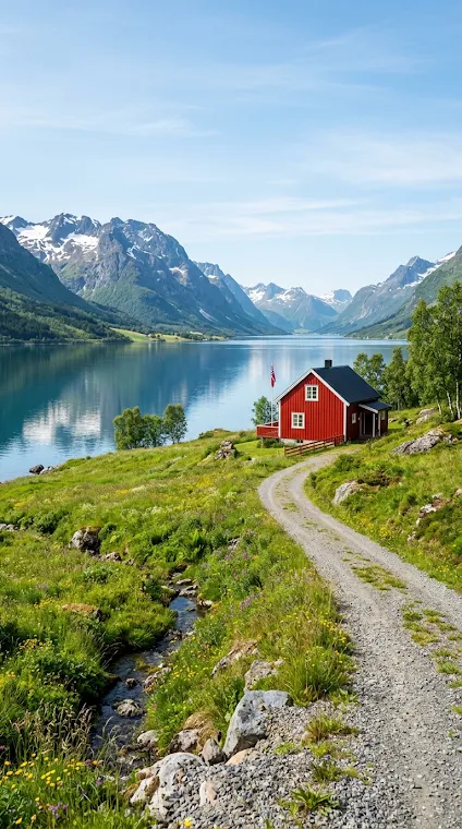Red House in Icelandic Coastal Landscape