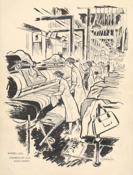 Mangelzaal van de industriële wasserij Edelweiss de lelie 1945 1960