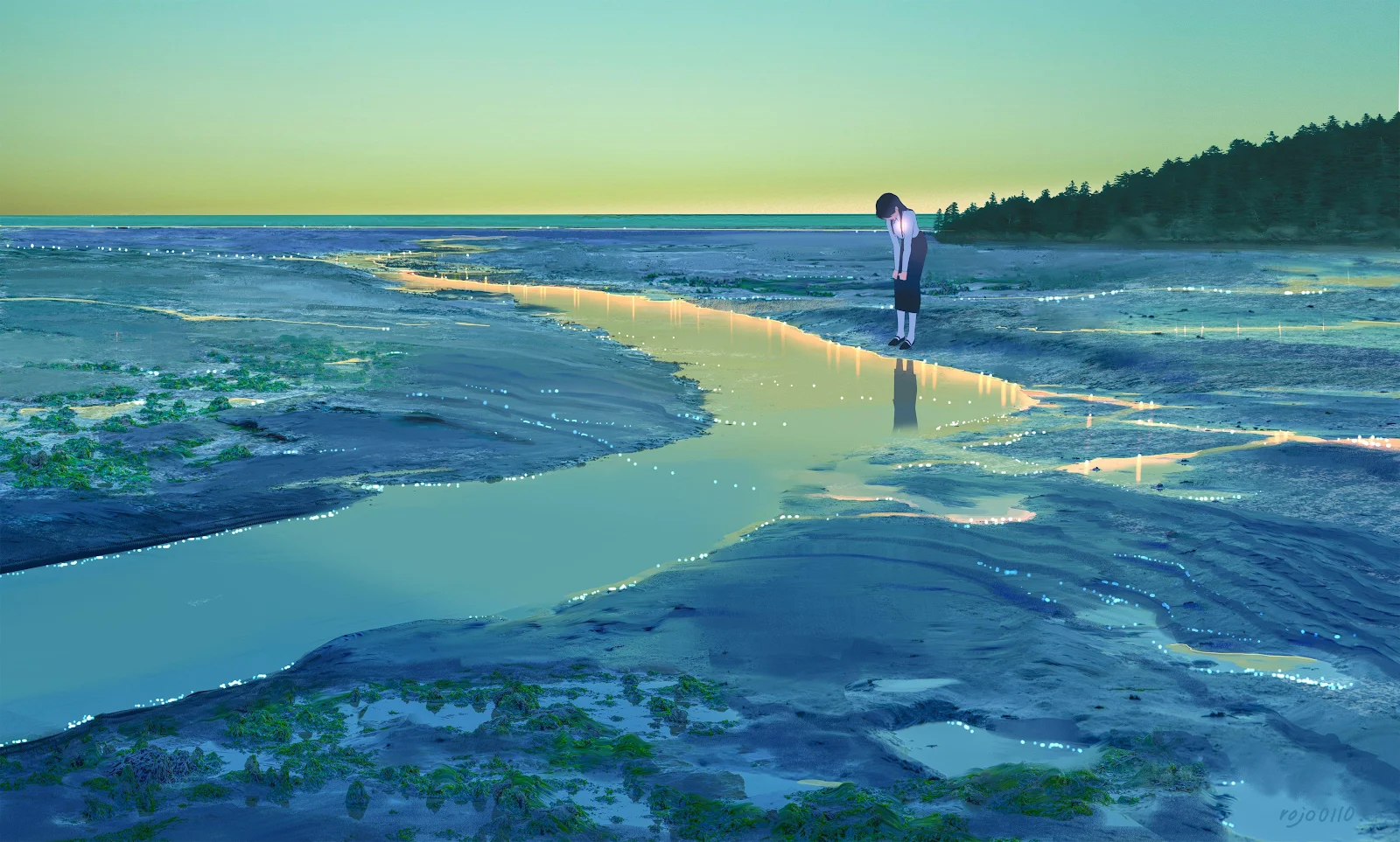 Lonely Figure Beside Reflective Water - Moody Digital Art 4K Wallpaper (4096x2466)