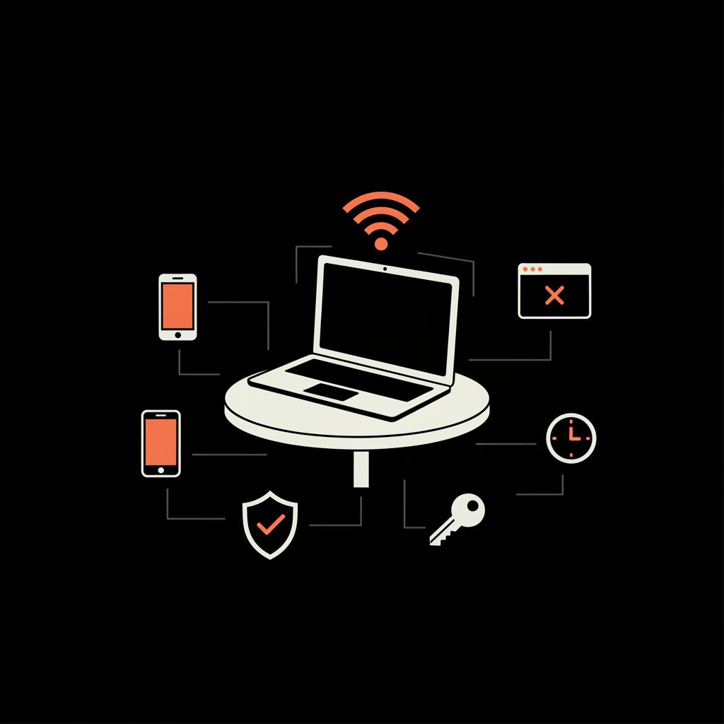 Minimal 2D vector laptop on café table with Wi‑Fi and device icons for article how to recover Google account instantly