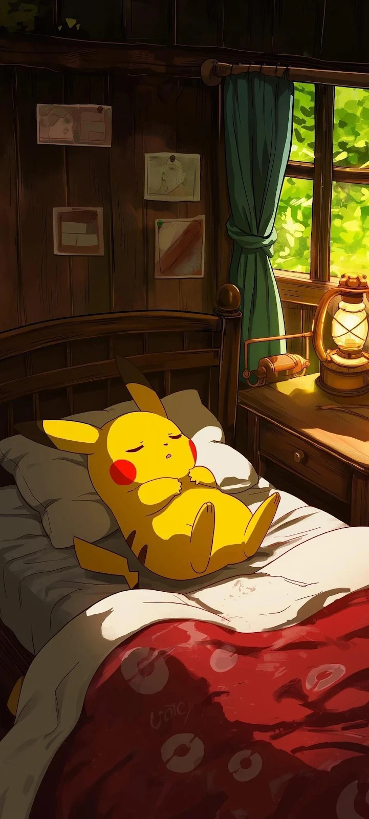 Pikachu Sleeping In Cozy Bedroom - Digital Anime Art iPhone Wallpaper (974x2160)