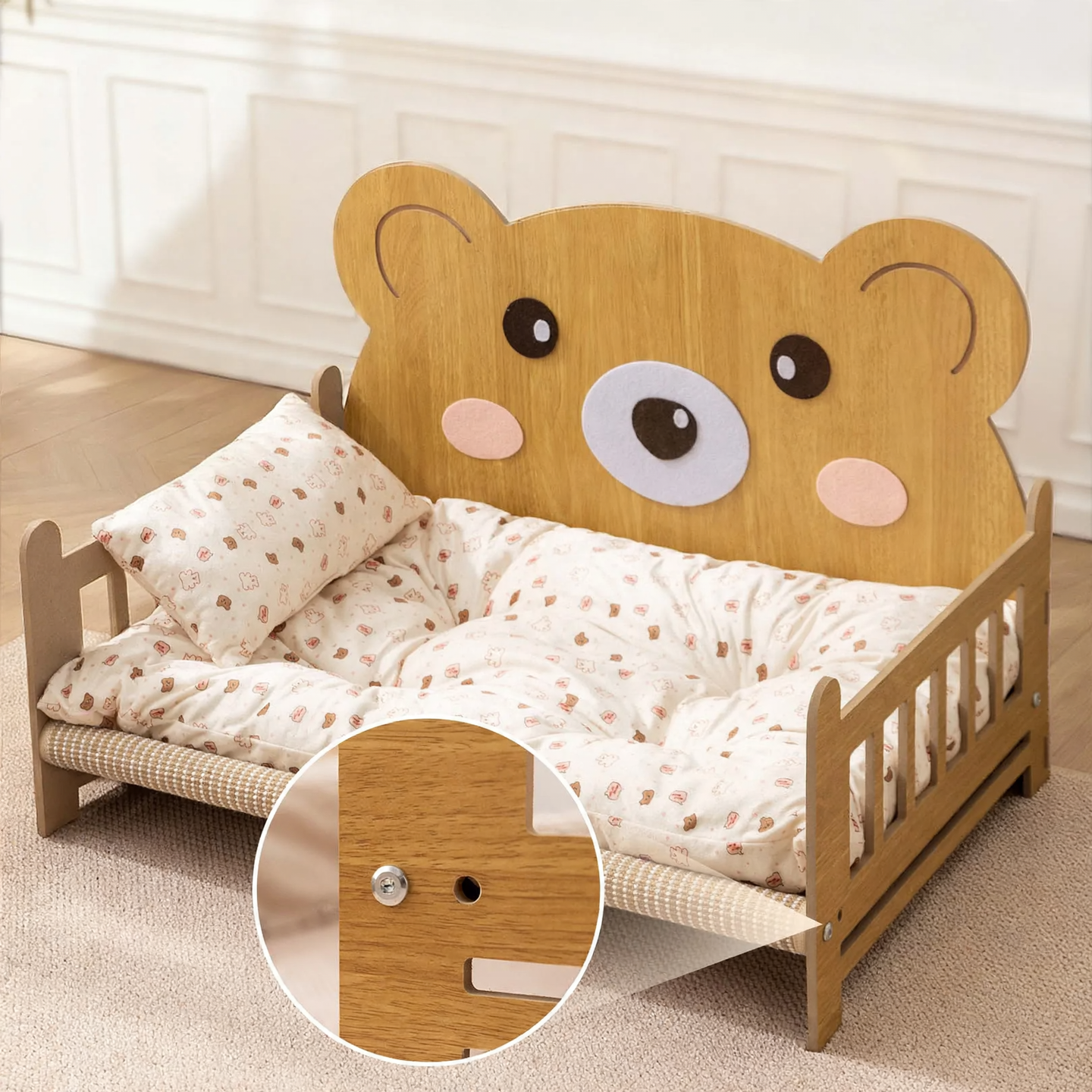 Wooden pet bed with integrated ladder