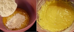 Rây bột mì, bột bắp, 1 muỗng cà phê bột nở vào hỗn hợp lòng đỏ trứng gà, trộn đều.