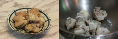Móng giò heo rửa thật sạch, chặt miếng vừa ăn. Sau đó cho móng heo vào nồi nước, thêm rượu nấu ăn, gừng lát và đun sôi. Tiếp đó vớt móng giò ra để ráo nước. Làm nóng dầu ăn trong chảo sâu lòng, cho móng giò vào chiên chín gần vàng.