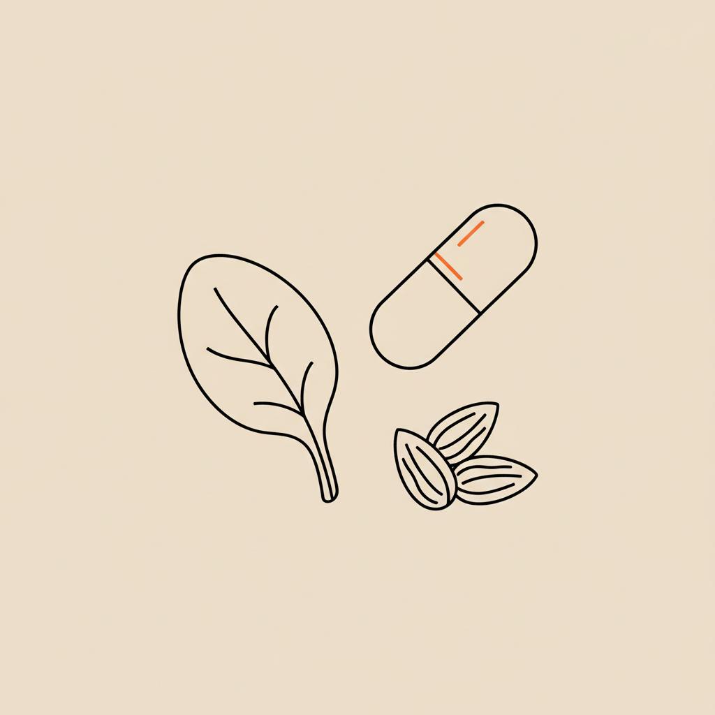 Minimal Tonum-style line illustration of spinach leaf, almonds and a capsule on beige background, representing magnesium sources for wellness.