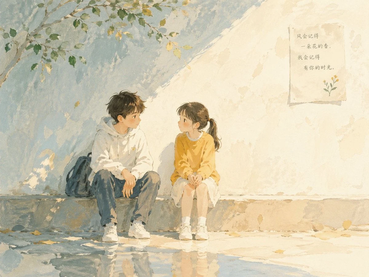 Ilustración poética y delicada para niños con texturas de acuarela y gouache. Luz diurna clara y suave con...