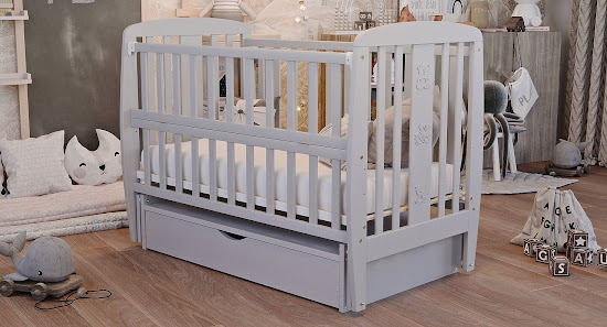 Baby crib Dubok Friends with drawer and pendulum grey