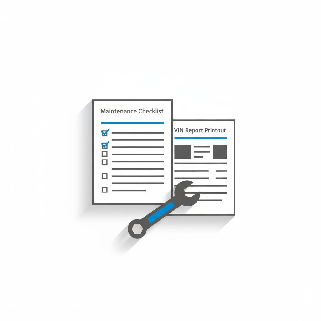 Minimal 2D vector flat lay of maintenance checklist VIN report and wrench on white background with blue accents why are subarus so expensive to service