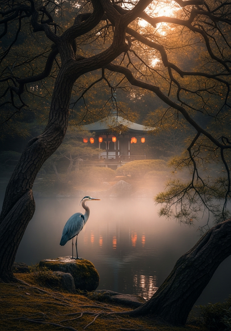Mystical Japanese Garden Heron Pagoda Foggy Sunset