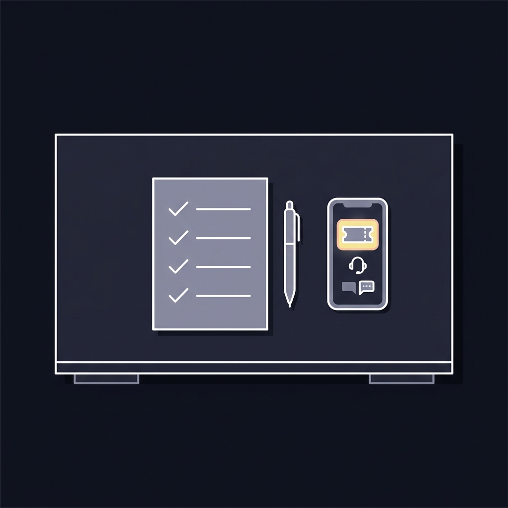 Minimalist vector of a checklist pen and smartphone showing support ticket icons on a wooden desk in Funded Plays brand colors dark background bovada football