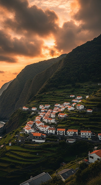 Elevated View of a Coastal Village on a Steep Green Hillside at Sunset - Free mobile Wallpaper