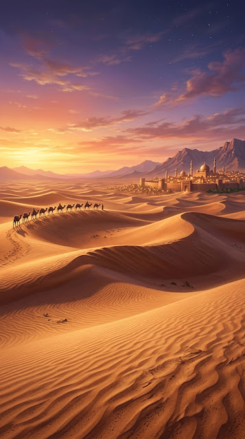 Magical Desert Landscape at Sunset with Golden Dunes and Camels - Free mobile Wallpaper
