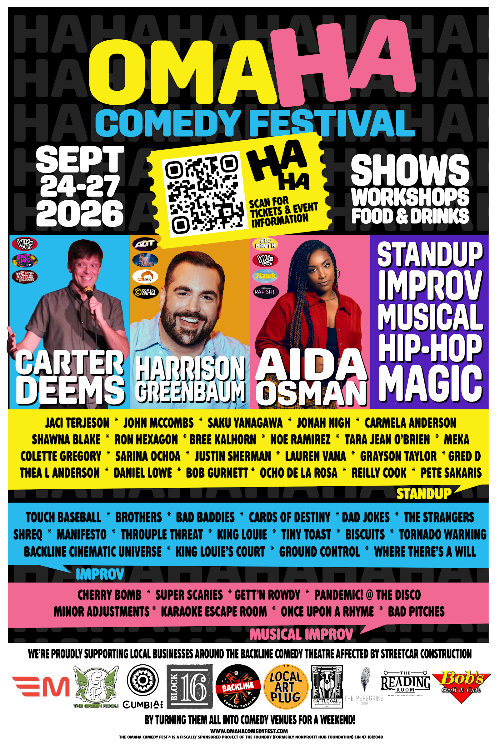 2026 Omaha Comedy Festival poster for September 24–27. Featured performers Carter Deems, Harrison Greenbaum, and Aida Osman, with stand-up, improv, musical improv, workshops, food, and drinks at venues around Omaha. Select the poster to view tickets and event details.