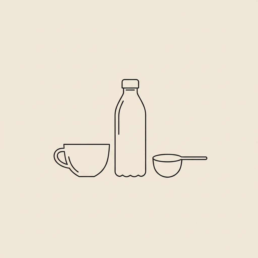 Minimalist Tonum-style line illustration of a tea cup, water bottle and protein scoop on beige background representing what drink reduces belly fat