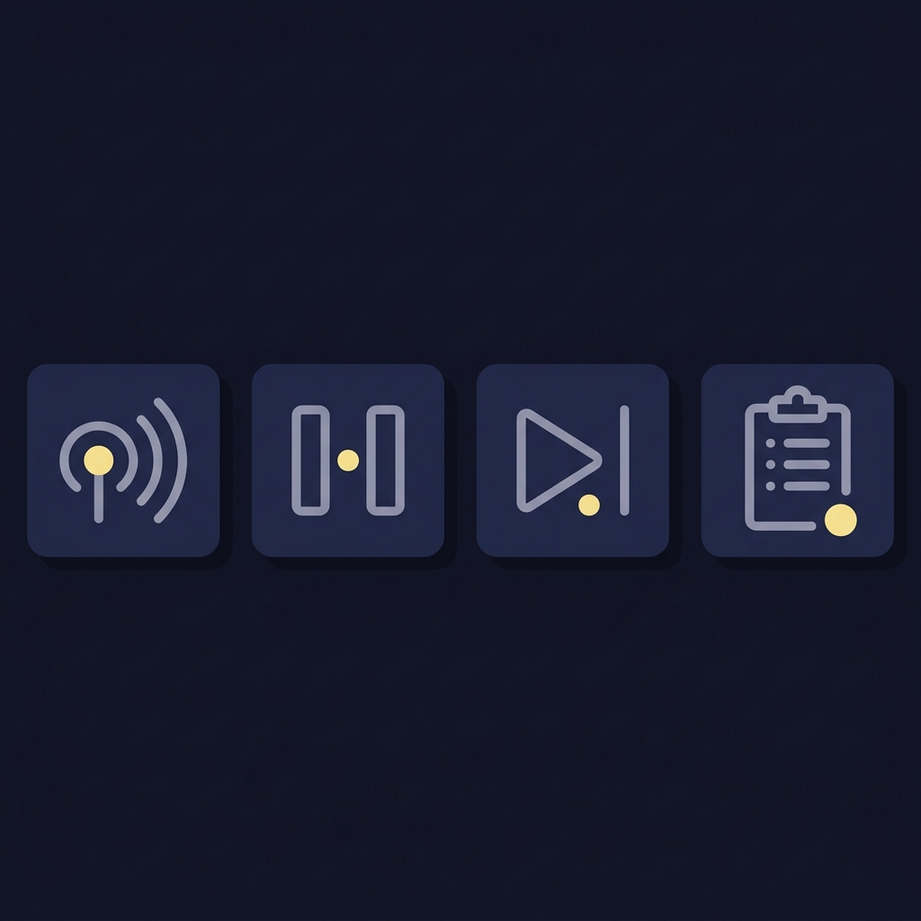 Minimalist 2D vector four panel sequence with signal pause skip and log icons illustrating a trading routine How to Avoid Overtrading During Games on dark Funded Plays branded background