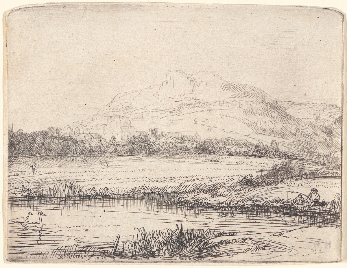 Canal with an Angler and Two Swans 1650