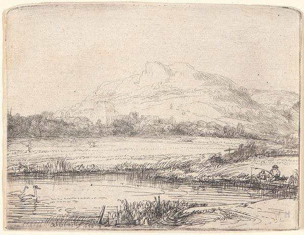 Canal with an Angler and Two Swans 1650