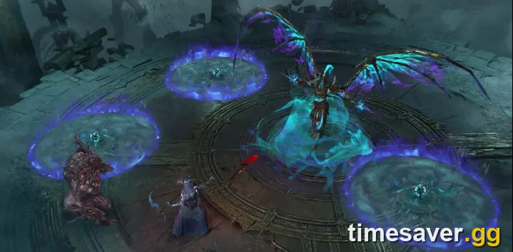Diablo 4 Season 14 Corrupted Reaper lair boss fight arena with blue AoE mechanics — main source for El'druin natural drops