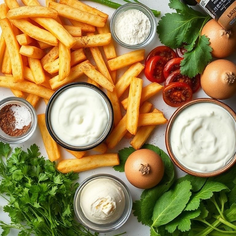 Ingredients for Crispy Homemade Fries with Easy Garlic Yogurt Dip – Quick & Crispy Delight