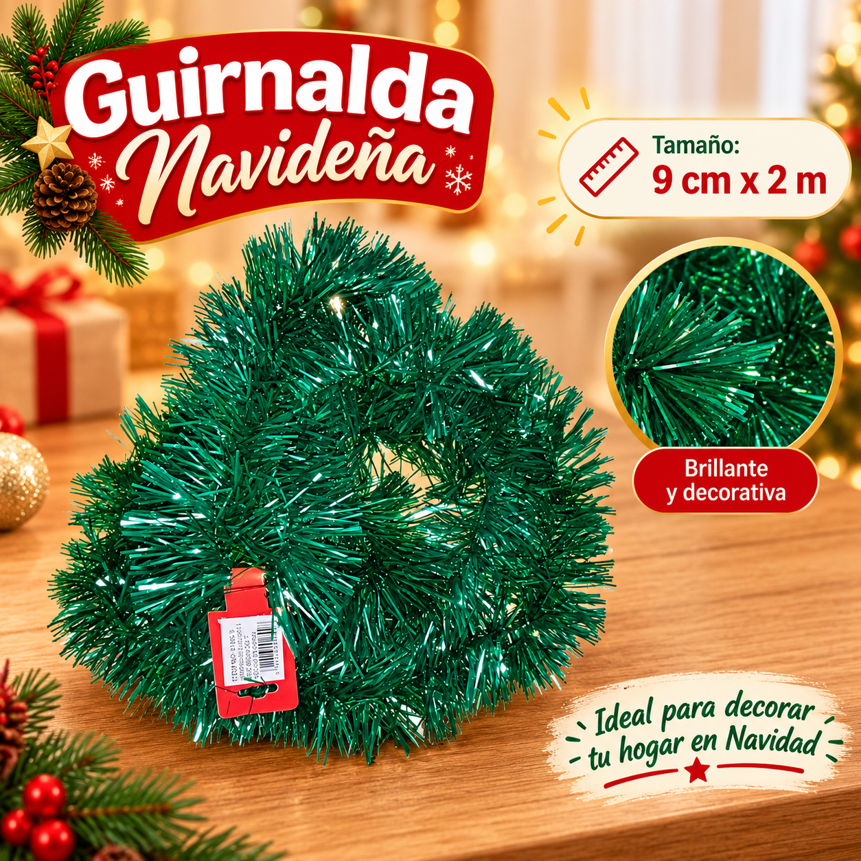 Guirnalda navideña de tinsel verde 9 cm x 2 m