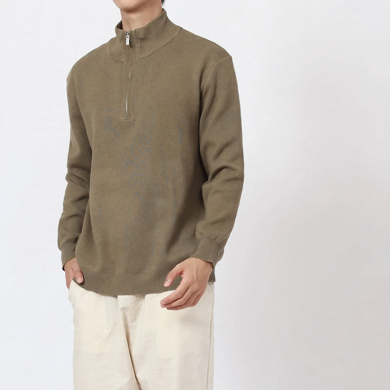 Men's Wool Sweater with Stand-up Collar and Zipper