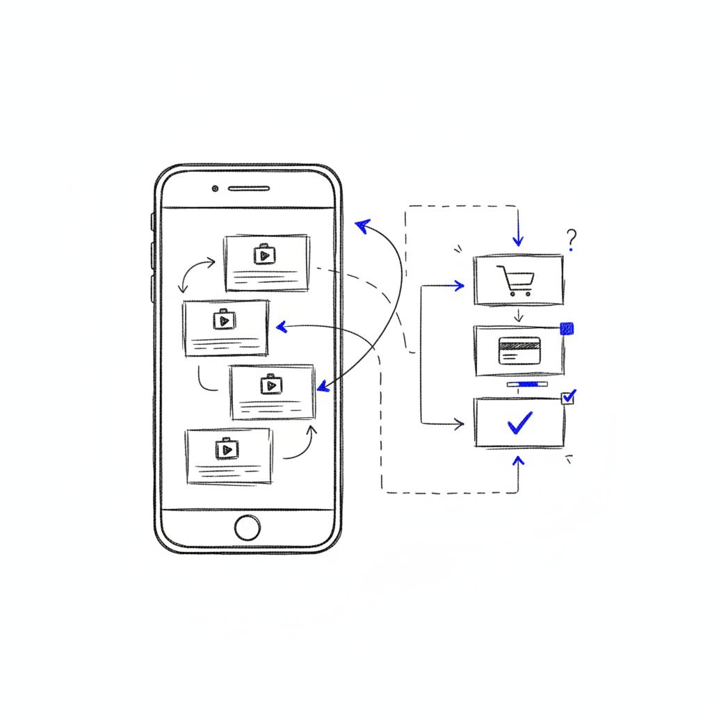 Hand-drawn close-up sketch of a mobile phone storyboard for short-form video with arrows to a simple checkout flow on a white background, minimal Agency Visible colors &mdash; facebook ads for small business