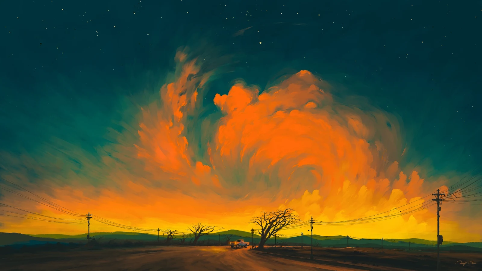 Digital Painting, Sunset, Sky, Clouds, Car Full HD Desktop Wallpaper