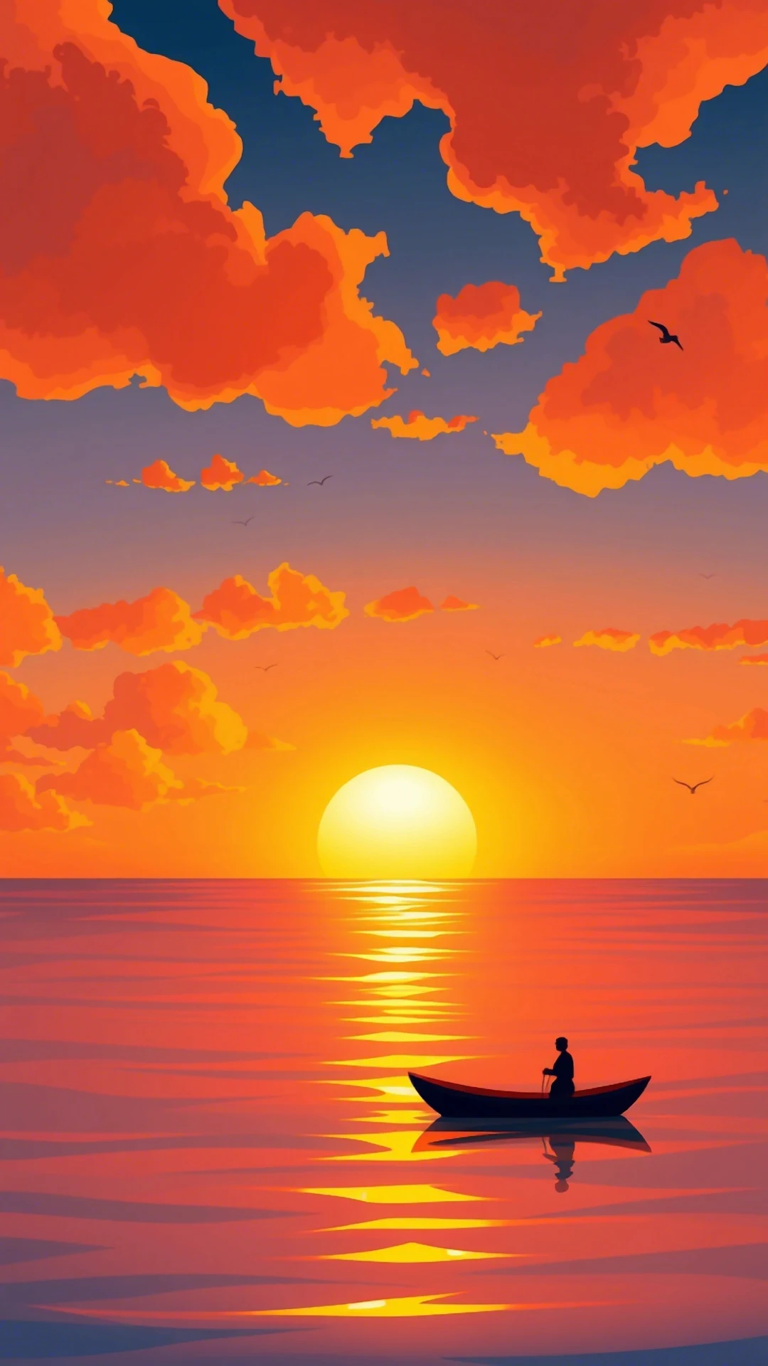 Solitary Boat Ocean Sunset Vibrant Orange Art - Free 4K mobile Wallpaper