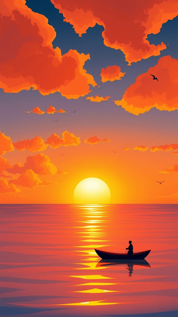 Solitary Boat Ocean Sunset Vibrant Orange Art - Free mobile Wallpaper