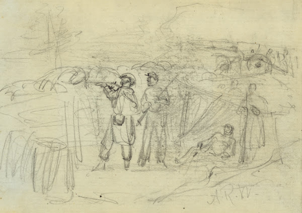 Three soldiers in a rifle pit 1860 1865